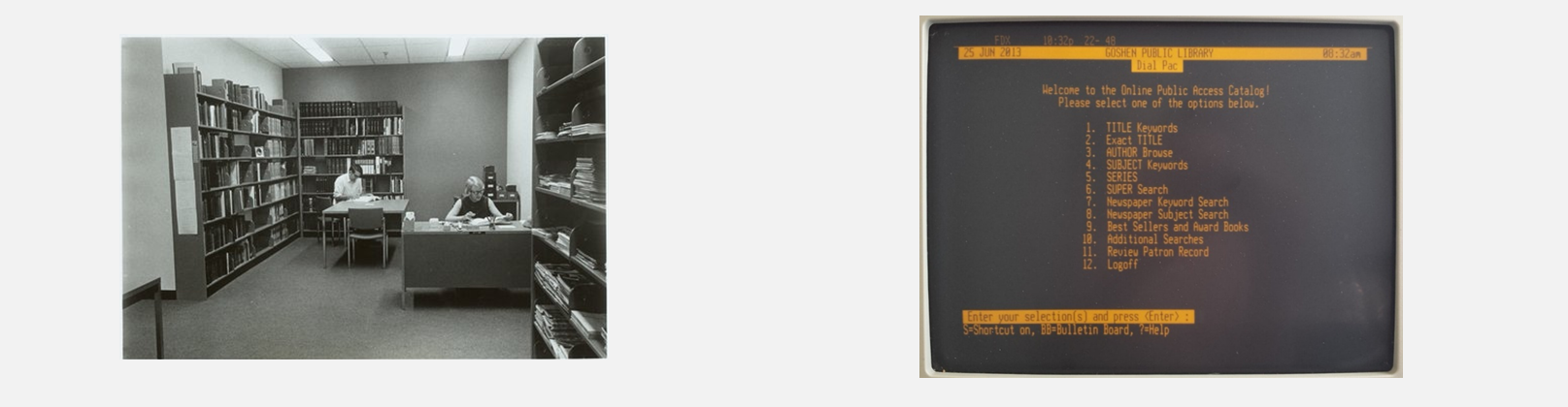 Library retrieval in the 1960s: a manual reference desk (left) beside an early terminal-based catalogue (right).