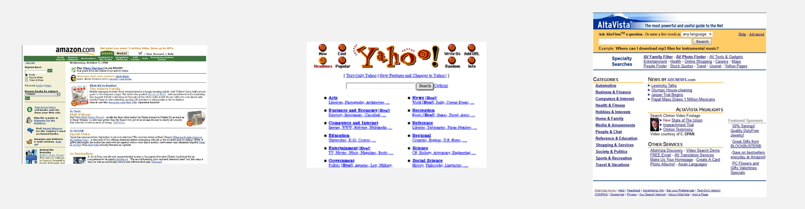 Early web interfaces circa 1998-1999, showing keyword search boxes and directory-style navigation.
