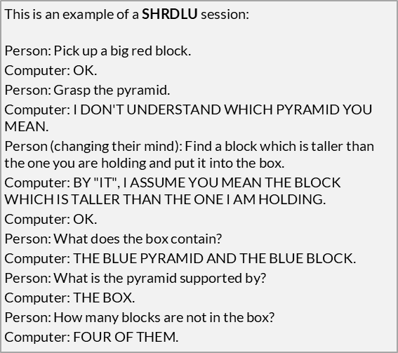 A SHRDLU session (Winograd, 1971), tracking pronoun references across turns and reporting ambiguity explicitly when a referring expression is underspecified.